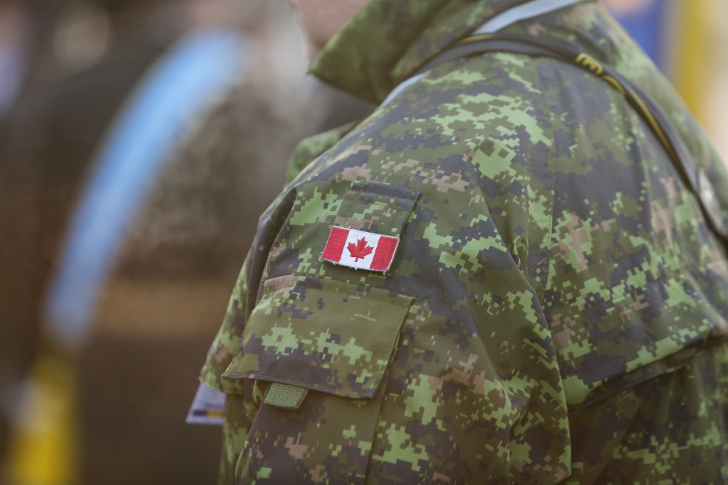Details with the uniform and flag of Canadian soldiers